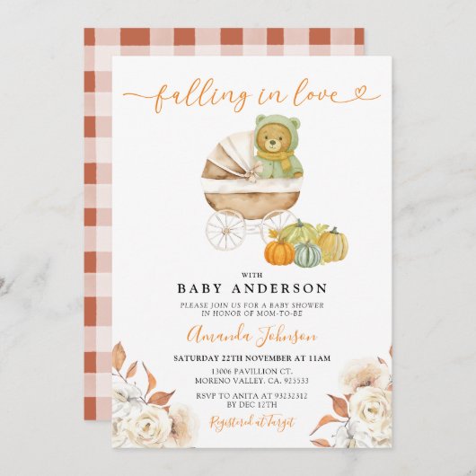 Falling In Love Bear Stroller Pumpkin Baby Shower 招待状 (正面/裏面)