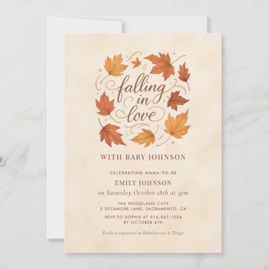 Falling In Love Fall Leaves Baby Shower Invitation 招待状 (正面)