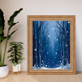 Falling Snow Blue Winter Forest Watercolor Painted ポスター