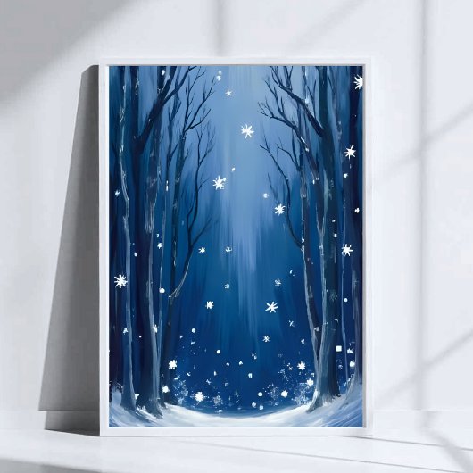 Falling Snow Blue Winter Forest Watercolor Painted ポスター