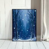 Falling Snow Blue Winter Forest Watercolor Painted ポスター