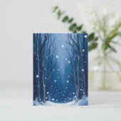 Falling Snow Blue Winter Forest Watercolor Painted ポストカード (スタンド正面)