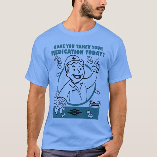 FalloutビデオゲームのVault Boyがあなたの薬を保管 Tシャツ (正面)