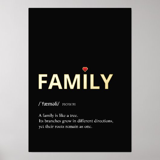 FAMILYミニマリストのブラック金ゴールドフォイルプリントの引用文 箔ポスター (正面)