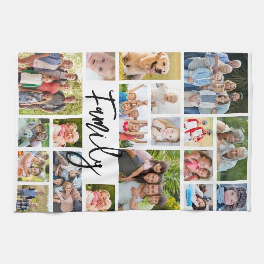 Family 19 Photo Collage Modern Script キッチンタオル (横)