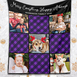 Family 5 Photo Collage Personalized Holiday Plaid フリースブランケット