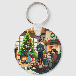 Family around the fireplace at Christmas キーホルダー