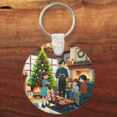 Family around the fireplace at Christmas キーホルダー (正面)