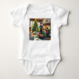 Family around the fireplace at Christmas ベビーボディスーツ