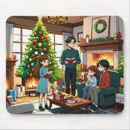 Family around the fireplace at Christmas マウスパッド