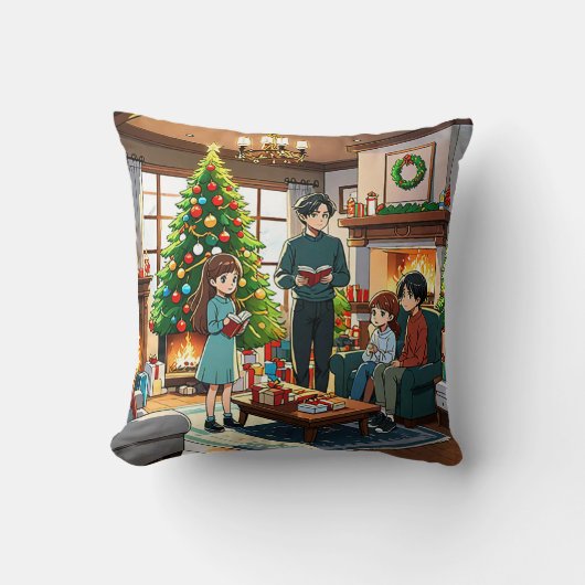 Family around the fireplace at Christmas - Pillow クッション (正面)
