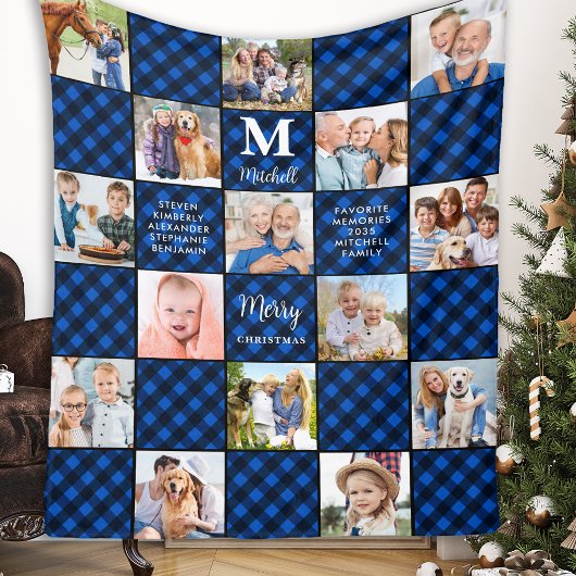 Family Blue Plaid Patchwork Customized 15 Picture フリースブランケット