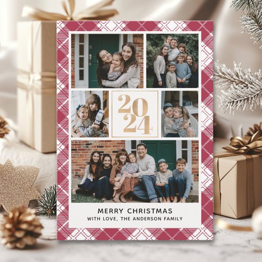 Family Christmas card with 5 Photos Tartan Plaid 招待状