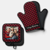 Family Christmas Personalized Red Plaid Photo  鍋つかみ&鍋敷きセット (正面/裏面)