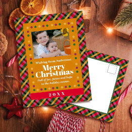 Family Christmas Plaid Photo Gold Holiday Postcard シーズンポストカード