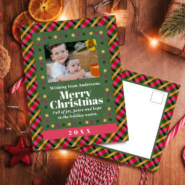 Family Christmas Plaid Photo Holiday Postcard シーズンポストカード