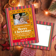 Family Christmas Stripe Photo Holiday Postcard