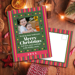 Family Christmas Stripe Photo Holiday Postcard シーズンポストカード