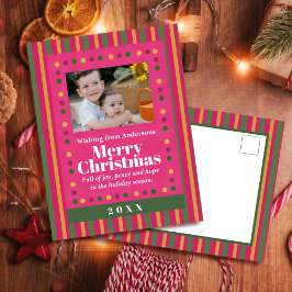 Family Christmas Stripe Photo Red Holiday Postcard シーズンポストカード