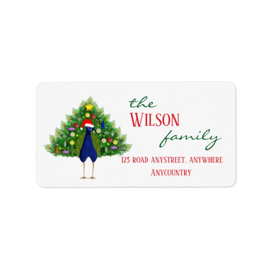 Family Christmas Tree Peacock Mailing ラベル (正面)