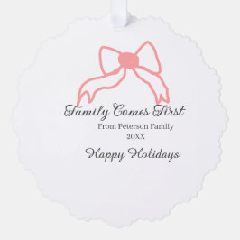Family comes first red bow family name holidays オーナメントカード
