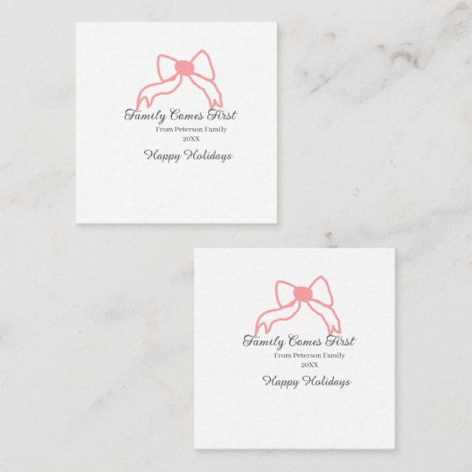 Family comes first red bow family name holidays スクエア名刺 (正面/裏面)