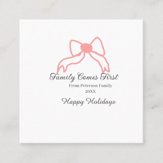Family comes first red bow family name holidays スクエア名刺 (正面)
