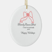 Family comes first red bow family name holidays セラミックオーナメント (右)
