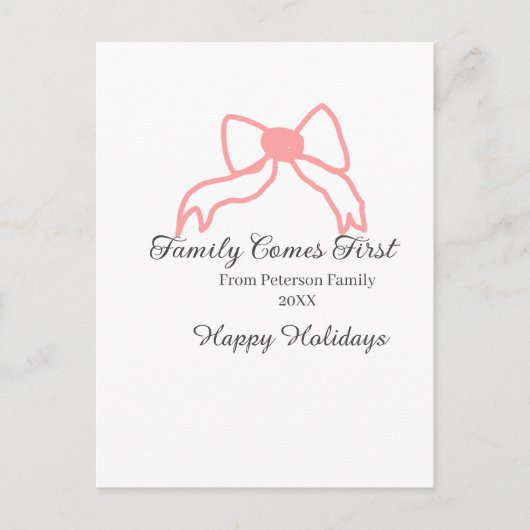 Family comes first red bow family name holidays ポストカード (正面)