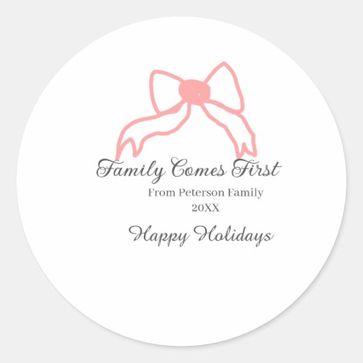 Family comes first red bow family name holidays ラウンドシール (正面)