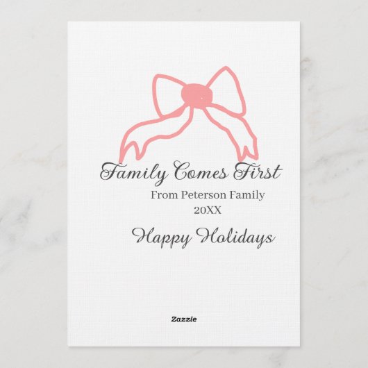 Family comes first red bow family name holidays 招待状 (裏面)