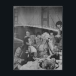 Family Dining at the Bridge ポストカード<br><div class="desc">A vintage family dining at the bridge at night black and white collage art</div>