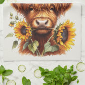Family Farm Rustic Sunflower Highland Cow キッチンタオル (折り畳み)