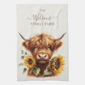 Family Farm Rustic Sunflower Highland Cow キッチンタオル (縦)