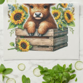 Family Farm Rustic Sunflower Highland Cow キッチンタオル (折り畳み)