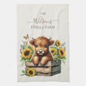Family Farm Rustic Sunflower Highland Cow キッチンタオル (縦)