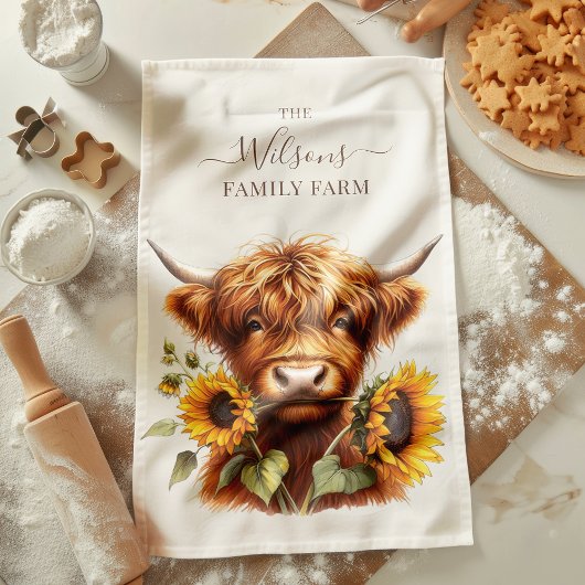 Family Farm Rustic Sunflower Highland Cow キッチンタオル