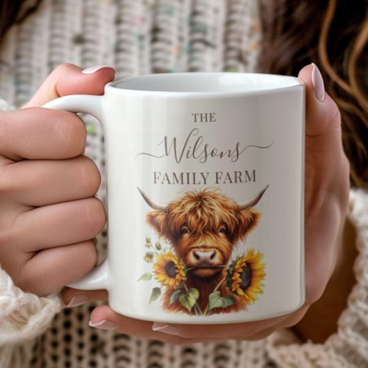 Family Farm Rustic Sunflower Highland Cow コーヒーマグカップ