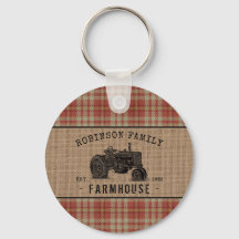 Family Farmhouse Tractor Red Plaid Burlap Round