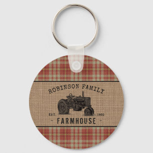 Family Farmhouse Tractor Red Plaid Burlap Round キーホルダー