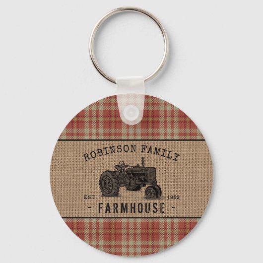 Family Farmhouse Tractor Red Plaid Burlap Round キーホルダー (正面)