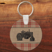 Family Farmhouse Tractor Red Plaid Burlap Round キーホルダー (裏面)