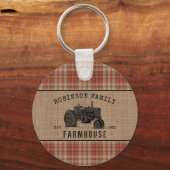 Family Farmhouse Tractor Red Plaid Burlap Round キーホルダー (正面)