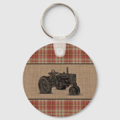 Family Farmhouse Tractor Red Plaid Burlap Round キーホルダー (裏面)