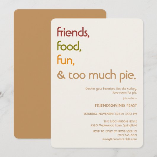 Family, Friends, Turkey, Pie モダンなフレンドギビング 招待状 (正面/裏面)