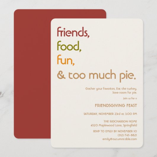 Family, Friends, Turkey, Pie モダンなフレンドギビング 招待状 (正面/裏面)
