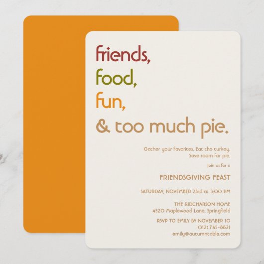 Family, Friends, Turkey, Pie モダンなフレンドギビング 招待状 (正面/裏面)