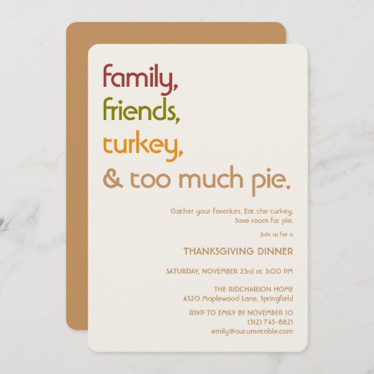 Family, Friends, Turkey, Pie Modern Thanksgiving 招待状 (正面/裏面)