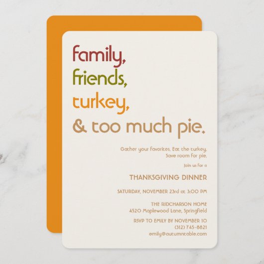 Family, Friends, Turkey, Pie Modern Thanksgiving 招待状 (正面/裏面)