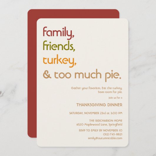 Family, Friends, Turkey, Pie Modern Thanksgiving 招待状 (正面/裏面)
